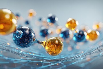 Microscopic spheres connected in a network, shimmering with light