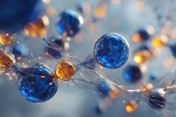 Abstract microscopic view of glowing blue and amber spheres connected by delicate threads