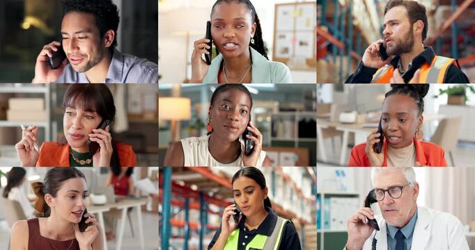 Series, phone call and people in offices, global and communication for logistics, talk and diversity. International, business and group with mobile for networking, montage and services for contacts