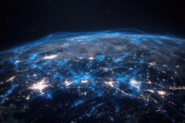 Glowing global network of blue lights connecting cities on dark planet
