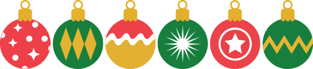 Obraz premium A collection of six vibrant Christmas holiday ornaments featuring classic patterns and bright golden tops
