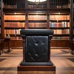 Ornate library with leather lectern, books, and dark wood paneling