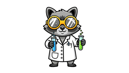Obraz premium Cartoon Raccoon Scientist Holding Test Tubes.