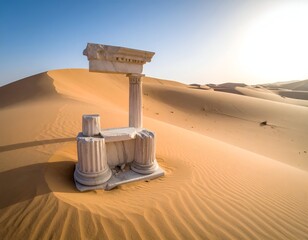 Ancient marble ruins stand in the vast, textured desert, basking in sunlight