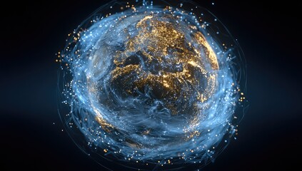 Digital globe with glowing continents and energy network swirling around