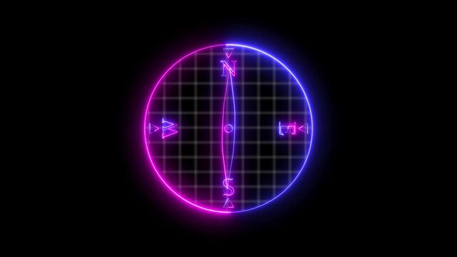 Glowing neon compass icon isolated on transparent background. Animated Compass Icon Forming Video. Compass with torn south east west direction marked. Neon sign.