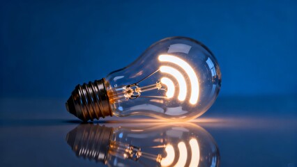 A glowing light bulb with a Wi-Fi signal icon illuminated inside symbolizing connectivity and innovation against a deep blue background.