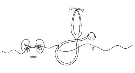 Continuous line drawing of a stethoscope and human kidneys on white background