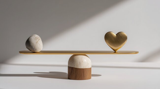 Balance concept with golden heart and stone on scale, minimalist still life of seesaw for logic vs emotion, mental health, and decision making isolated on clean background.