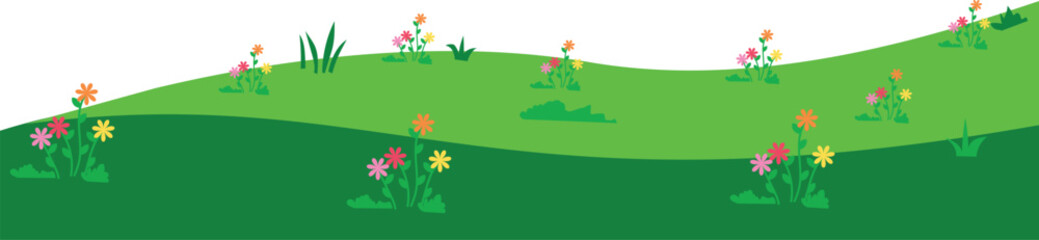 Green Hills Landscape with Flowers Flat Vector Illustration