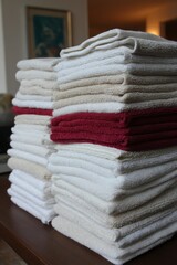 stack of white towels with red ones in between visualising the concept of menstruation cycle period