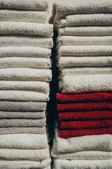 stack of white towels with red ones in between visualising the concept of menstruation cycle period