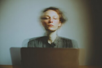 person sitting at a desk with eyes closed, laptop screen reflected softly on face, neutral background, no devices visible, modern burnout concept, calm realism