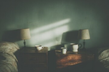 two coffee cups on bedside tables on opposite sides, morning light, no people, mature relationship nuance, editorial interior still life