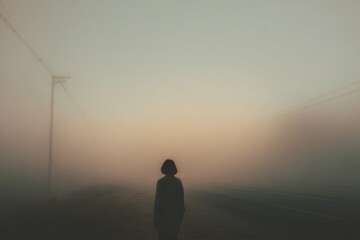 person standing in morning fog looking toward light, neutral posture, no dramatic pose, restrained optimism, cinematic realism