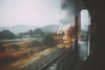 woman staring out of a train window, reflection layered over landscape, muted colors, quiet concentration, modern work travel mood
