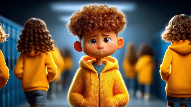 A boy standing sadly in a school hallway, feeling isolated and worried as other students remain in the background. The scene represents bullying, loneliness, and emotional vulnerability in a school