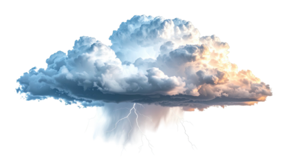 Isolated, dramatic cumulonimbus cloud with bright lightning strikes against a black backdrop