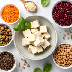 Assortment of plant-based protein sources, overhead shot on white