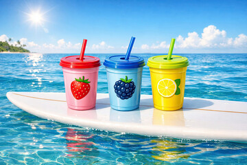 Three cups of milkshake are on a surfboard floating in the sea.