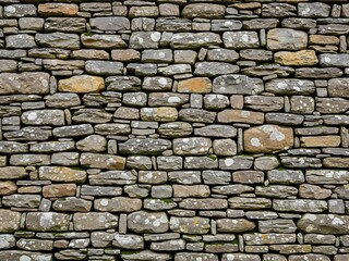 Obraz premium Detailed old stonewall with weathered textures and lichens detail