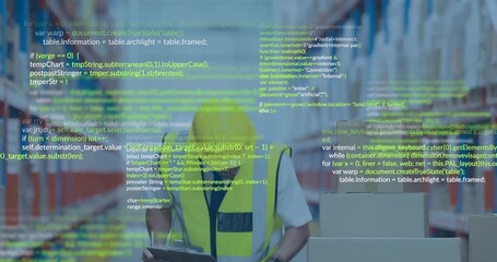 Animation of digital data processing over caucasian man working in warehouse - Powered by Adobe
