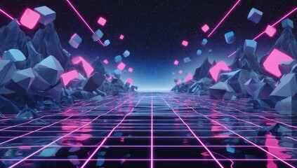 Neon grid road leads through rocky mountains under starry, cubic sky