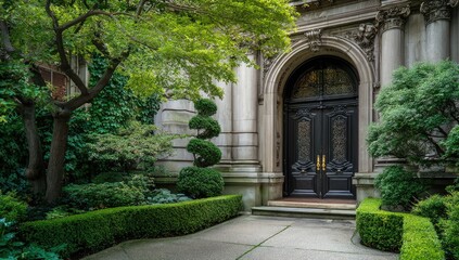 Ornate double doors at grand entrance with lush, sculpted garden