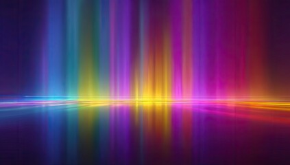 Vibrant streaks of colorful light ascend and reflect on a dark, glossy surface