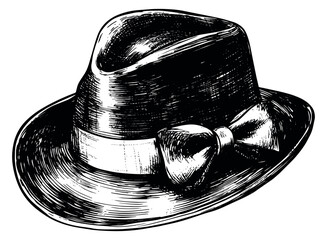 Hand drawn line art illustration of a fedora hat depicting a classic accessory for retro design
