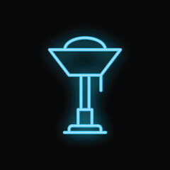 Obraz premium Glowing blue neon sign showing a street food stall with awning selling street food on dark background