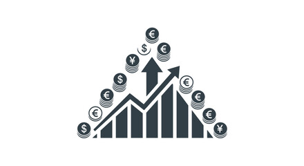 Dynamic financial growth concept featuring currency symbols and an upward-trending bar graph, illustrating investment success and market expansion.