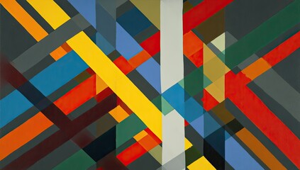 Overlapping geometric bands in vibrant colors against dark background