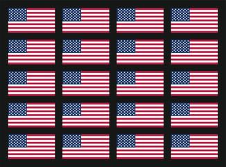 American flag icon set. Repeating United States banner pattern for design use. Suitable for patriotic projects, web graphics, and promotional layouts.
