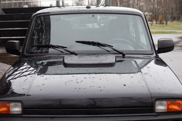 Black car with raindrops on the hood. Black car parked in the park. Simple transport for the city.