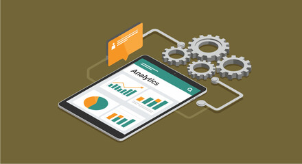 Isometric vector illustration showcasing a tablet displaying data analytics charts and graphs, connected to gears, symbolizing digital processing and business intelligence.