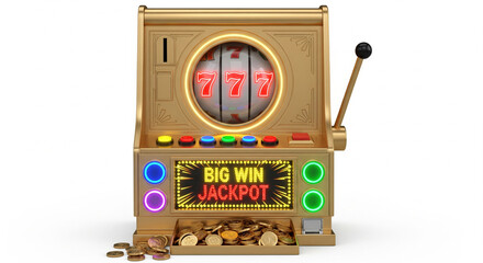 Retro gold neon slot machine with convex wheel 777. Concept of big win and jackpot in casino and slot machines. Isolated on white background