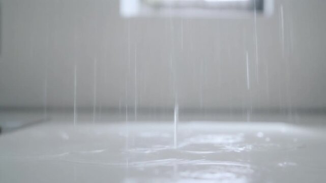 Abstract close-up shot of falling water droplets creating ripples on a white surface