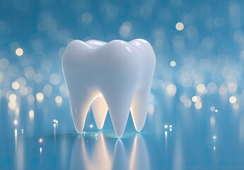 Luminous white teeth glimmer against a softly blurred, glowing blue background