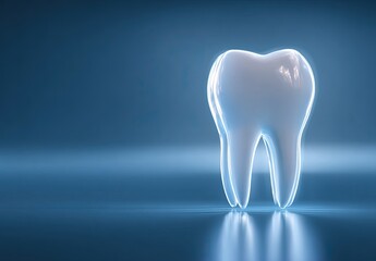 Glowing white molar on a reflective, cool blue surface