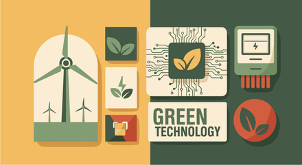 A vibrant illustration showcasing green technology concepts and renewable energy sources, emphasizing sustainable innovation and environmental responsibility.