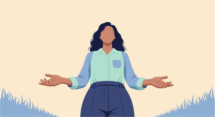 A serene woman stands with open arms, embracing freedom and positivity, symbolizing hope, spirituality, and mental well-being in a minimalist landscape.