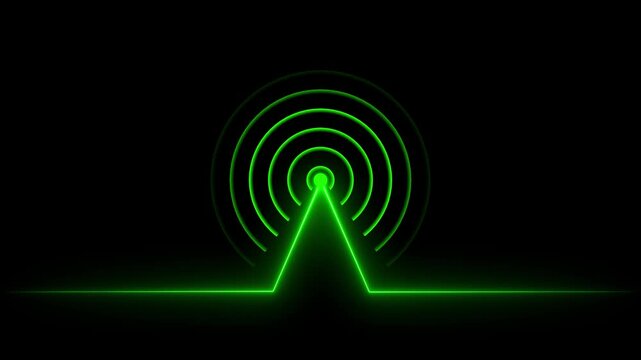 Glowing neon line animated by radio wave animation on a black screen background. Radio wave tower connective network and signal waves. Radio waves signal animation.