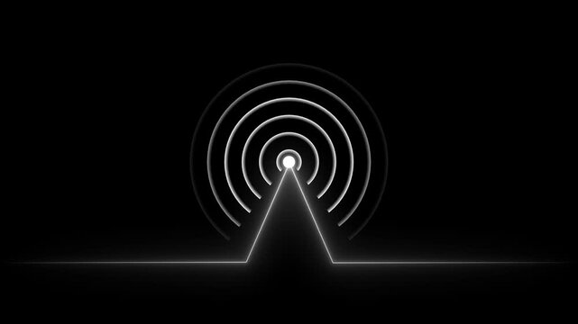 Glowing neon line animated by radio wave animation on a black screen background. Radio wave tower connective network and signal waves. Radio waves signal animation.