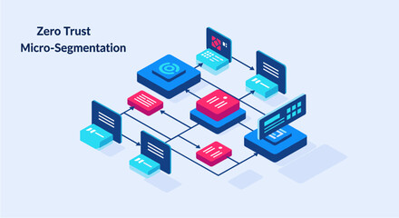 Conceptual isometric illustration depicting a Zero Trust Micro-Segmentation network architecture for enhanced cybersecurity and data protection.