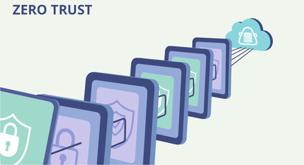 Conceptual illustration depicting the Zero Trust security model with multiple layers of digital protection leading to a secure cloud network.
