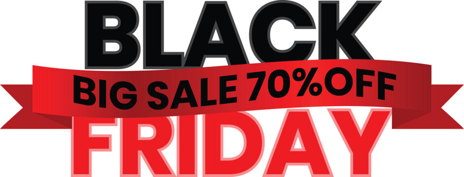Black Friday big sale banner with 70 percent off message. Bold ribbon typography highlights a limited time discount offer. Ideal for retail advertising, ecommerce promotions, and seasonal campaigns.
