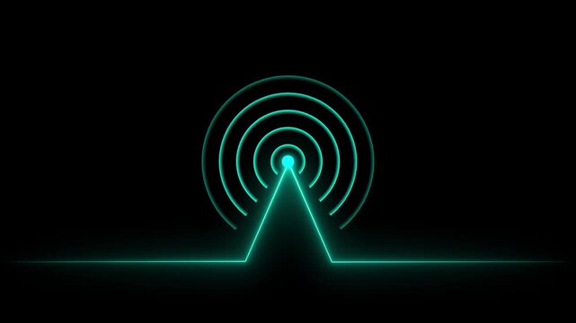 Glowing neon line animated by radio wave animation on a black screen background. Radio wave tower connective network and signal waves. Radio waves signal animation.