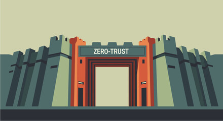 Conceptual illustration depicting a robust castle gate with 'ZERO-TRUST' inscribed, symbolizing advanced cybersecurity protocols and network security architecture.