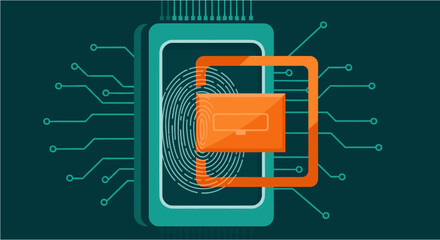 Digital security concept illustrating a microchip with a fingerprint scanner and an encrypted message, symbolizing data protection and privacy.